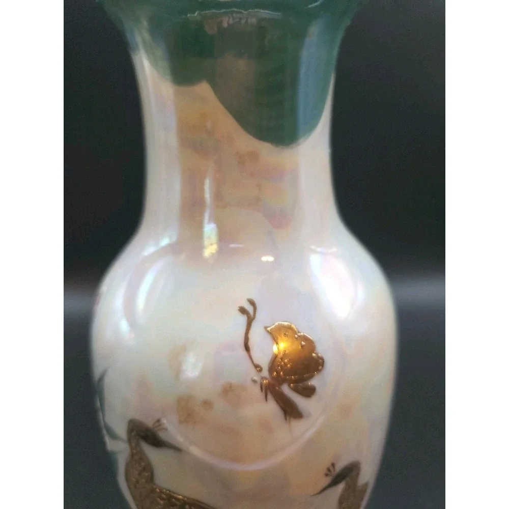 VTG Kutani Ware Hand Painted Porcelain Vase Peacocks In 24 Karat‎ Gold